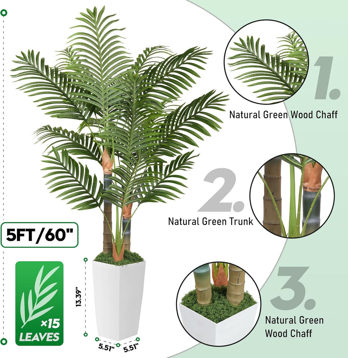5ft Artificial Palm Tree Indoor Plant，Triple Faux Tropical Areca Floor Plant in Pot，Artificial Plants with Lifelike Leaves for Home Office Decor