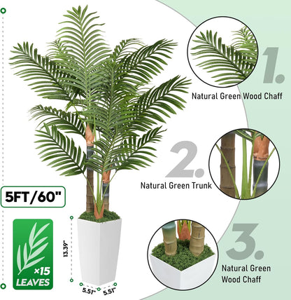5ft Artificial Palm Tree Indoor Plant，Triple Faux Tropical Areca Floor Plant in Pot，Artificial Plants with Lifelike Leaves for Home Office Decor