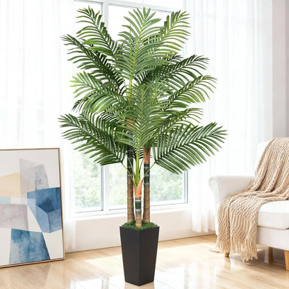 5ft Artificial Palm Tree Indoor Plant，Triple Faux Tropical Areca Floor Plant in Pot，Artificial Plants with Lifelike Leaves for Home Office Decor