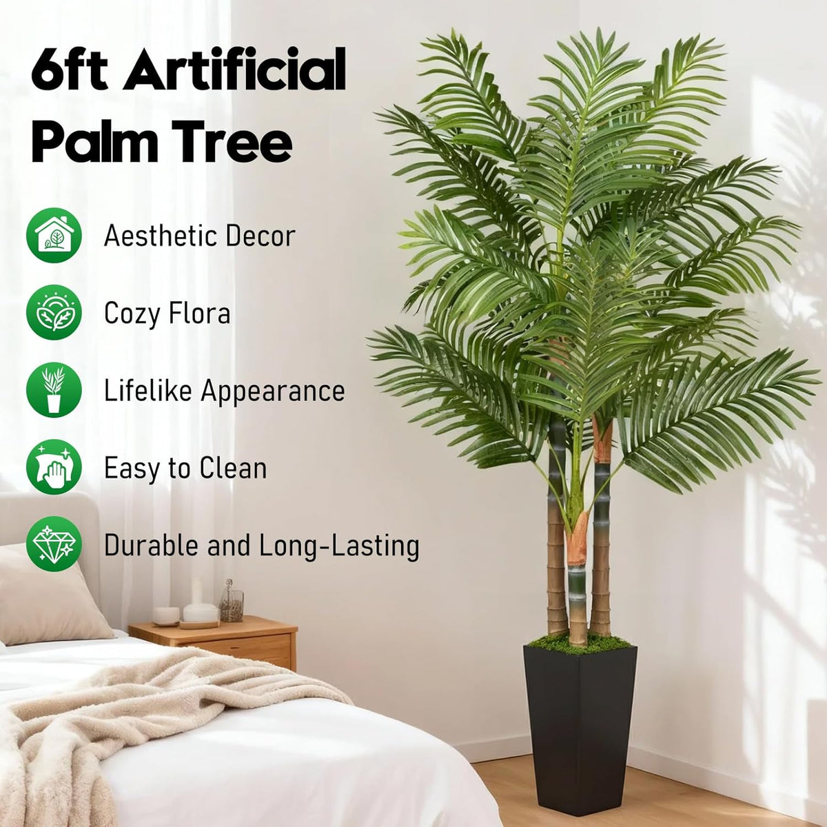 5ft Artificial Palm Tree Indoor Plant，Triple Faux Tropical Areca Floor Plant in Pot，Artificial Plants with Lifelike Leaves for Home Office Decor