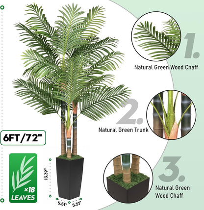 5ft Artificial Palm Tree Indoor Plant，Triple Faux Tropical Areca Floor Plant in Pot，Artificial Plants with Lifelike Leaves for Home Office Decor