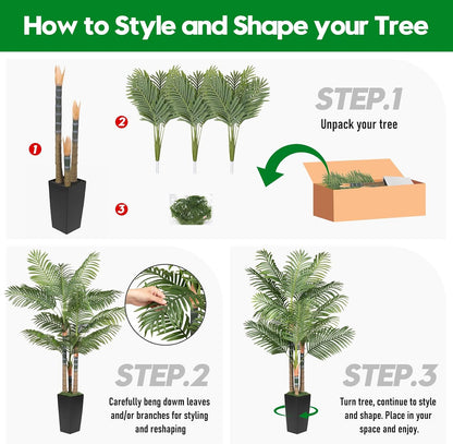 5ft Artificial Palm Tree Indoor Plant，Triple Faux Tropical Areca Floor Plant in Pot，Artificial Plants with Lifelike Leaves for Home Office Decor