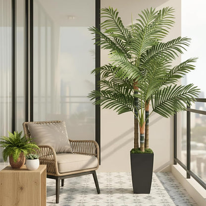 5ft Artificial Palm Tree Indoor Plant，Triple Faux Tropical Areca Floor Plant in Pot，Artificial Plants with Lifelike Leaves for Home Office Decor