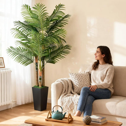 5ft Artificial Palm Tree Indoor Plant，Triple Faux Tropical Areca Floor Plant in Pot，Artificial Plants with Lifelike Leaves for Home Office Decor