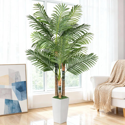 5ft Artificial Palm Tree Indoor Plant，Triple Faux Tropical Areca Floor Plant in Pot，Artificial Plants with Lifelike Leaves for Home Office Decor