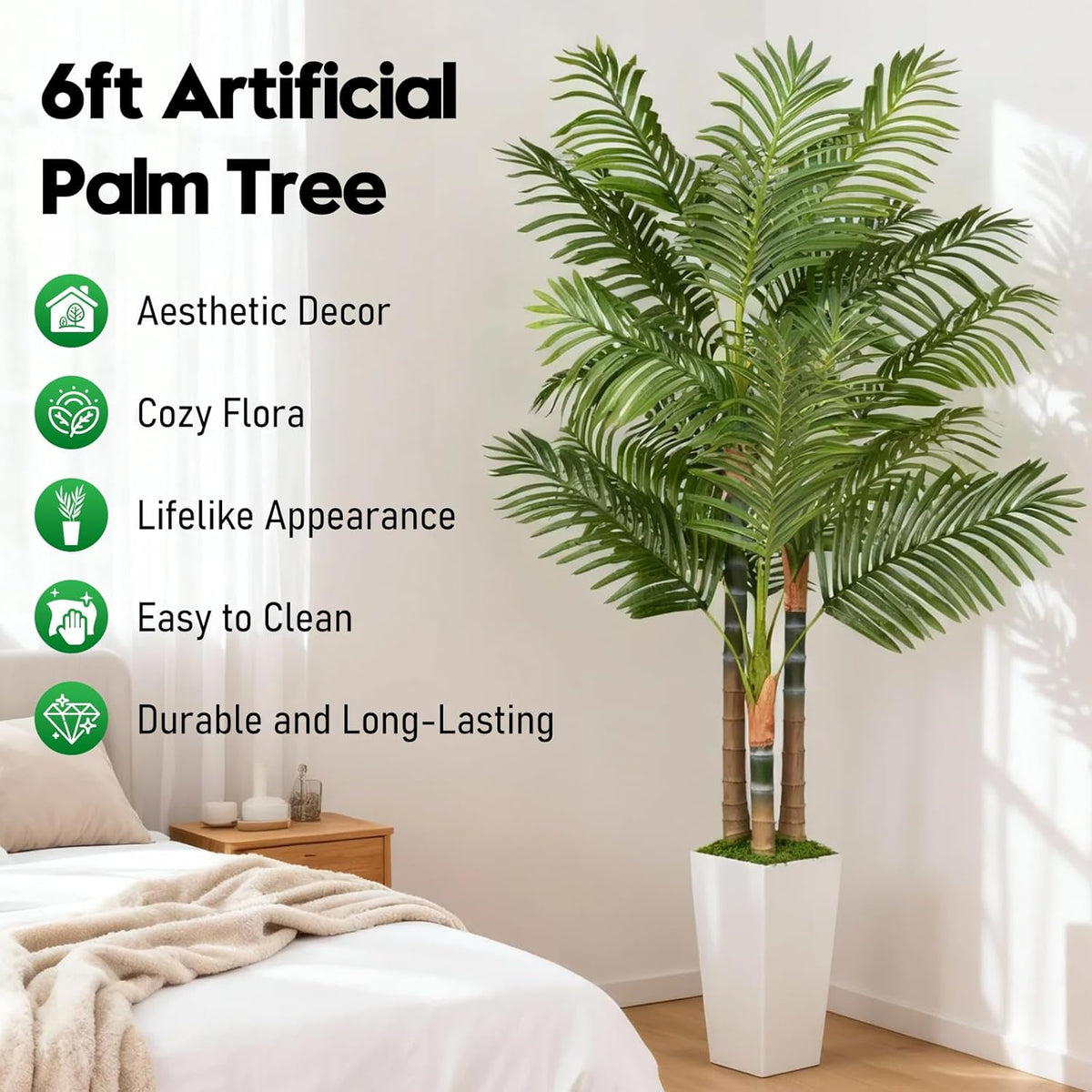 5ft Artificial Palm Tree Indoor Plant，Triple Faux Tropical Areca Floor Plant in Pot，Artificial Plants with Lifelike Leaves for Home Office Decor