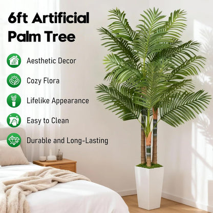5ft Artificial Palm Tree Indoor Plant，Triple Faux Tropical Areca Floor Plant in Pot，Artificial Plants with Lifelike Leaves for Home Office Decor