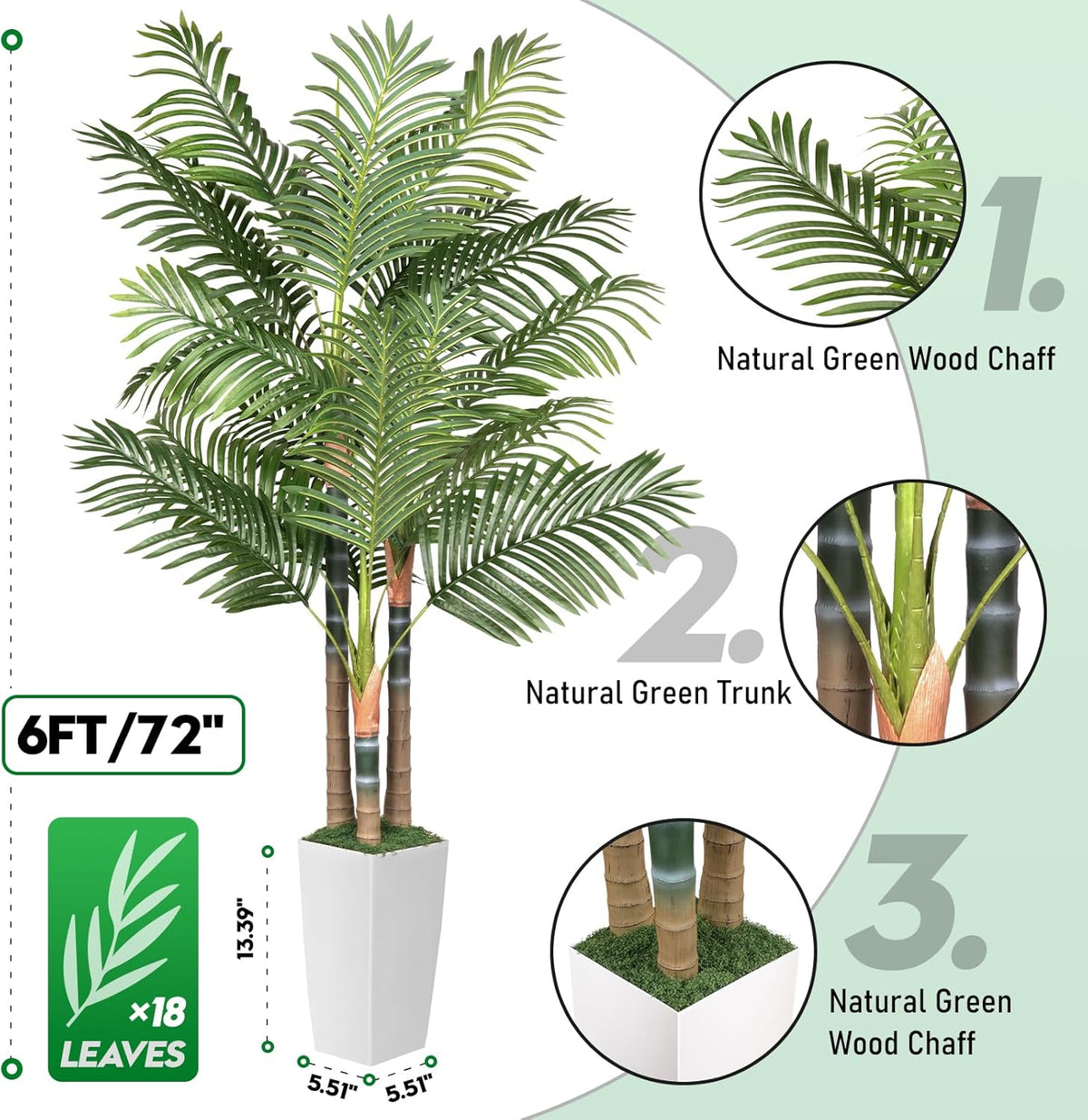 5ft Artificial Palm Tree Indoor Plant，Triple Faux Tropical Areca Floor Plant in Pot，Artificial Plants with Lifelike Leaves for Home Office Decor