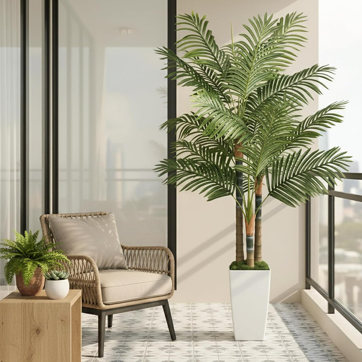 5ft Artificial Palm Tree Indoor Plant，Triple Faux Tropical Areca Floor Plant in Pot，Artificial Plants with Lifelike Leaves for Home Office Decor