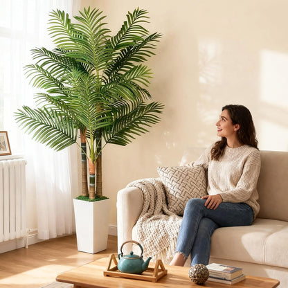 5ft Artificial Palm Tree Indoor Plant，Triple Faux Tropical Areca Floor Plant in Pot，Artificial Plants with Lifelike Leaves for Home Office Decor