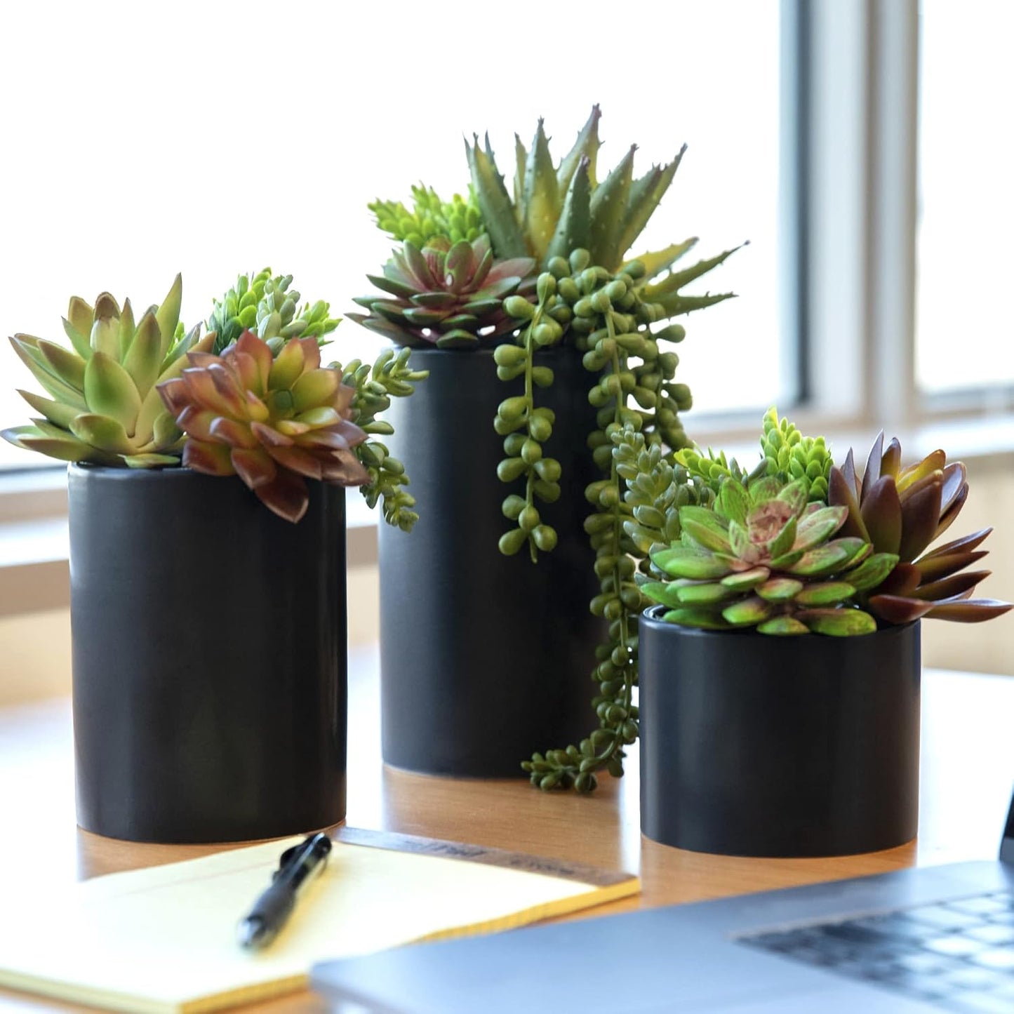 Plants Artificial in Ceramic Pots - Faux Office Plants | Also called faux succulents - realistic, premium quality. For bathroom, home & office decor 3 pack, in ceramic pots