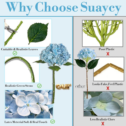 3 Pcs Real Touch Hydrangea Artificial Flowers, Pet-Safe 3D Latex Blue Hydrangeas, Faux Flowers for Wedding Centerpiece Bridal Shower Home Decor Bedroom Nightstand Baby Shower