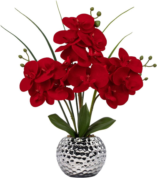 Orchid Artificial Flowers 20'' Red Faux Orchid Flowers with Silver Vase Fake Phalaenopsis Silk Flowers for Home Office Dinning Room Kitchen Table Centerpiece Decor