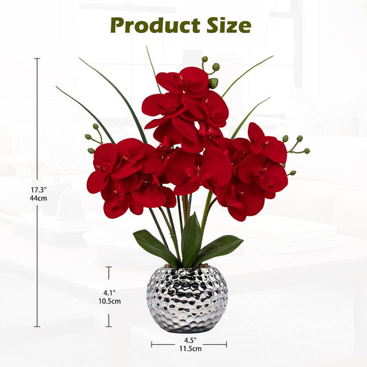Orchid Artificial Flowers 20'' Red Faux Orchid Flowers with Silver Vase Fake Phalaenopsis Silk Flowers for Home Office Dinning Room Kitchen Table Centerpiece Decor