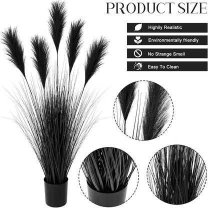 2 Pcs 4 ft Tall Artificial Grass Plant Fake Black Pampas Grass Artificial Horsetail Floor Plants Faux Feather Reed Potted for Housewarming Gift House Garden Bathroom Lobby Outdoor Decoration