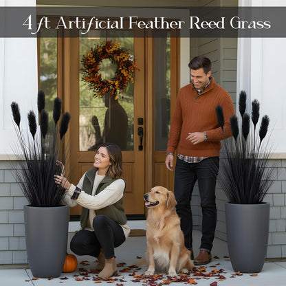 2 Pcs 4 ft Tall Artificial Grass Plant Fake Black Pampas Grass Artificial Horsetail Floor Plants Faux Feather Reed Potted for Housewarming Gift House Garden Bathroom Lobby Outdoor Decoration