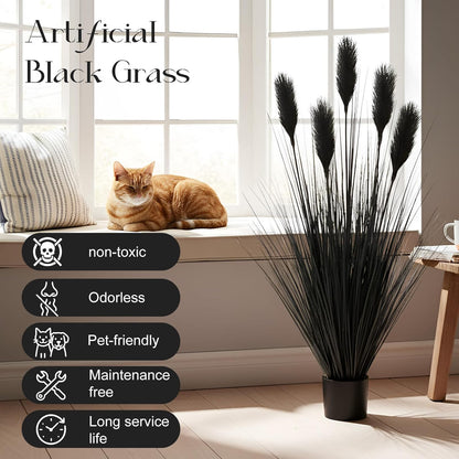 2 Pcs 4 ft Tall Artificial Grass Plant Fake Black Pampas Grass Artificial Horsetail Floor Plants Faux Feather Reed Potted for Housewarming Gift House Garden Bathroom Lobby Outdoor Decoration