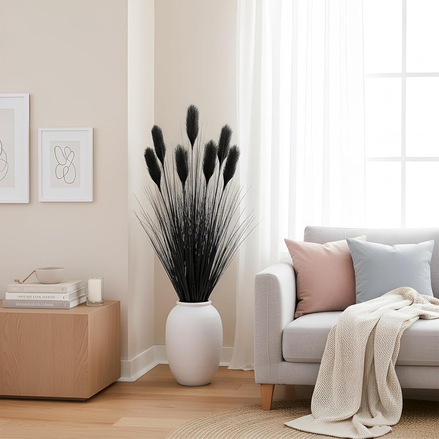 2 Pcs 4 ft Tall Artificial Grass Plant Fake Black Pampas Grass Artificial Horsetail Floor Plants Faux Feather Reed Potted for Housewarming Gift House Garden Bathroom Lobby Outdoor Decoration