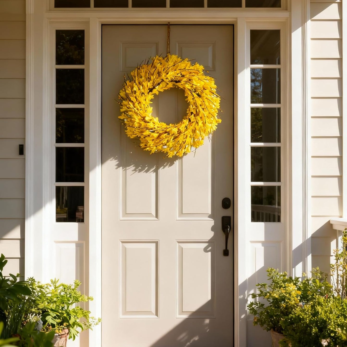 22inch Artificial Forsythia Flower Wreaths Spring Summer Fall Wreath Silk Leaves Wreath for Front Door Wreaths Porch Farmhouse Patio Garden Home Decor (Yellow)
