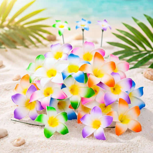 30 Pcs Hawaiian Plumeria Frangipani Artificial Flowers Fake Tropical Flowers with Stems for DIY Birthday Gifts Wedding Home Hawaiian Party Decor Table Centerpiece (Orange)