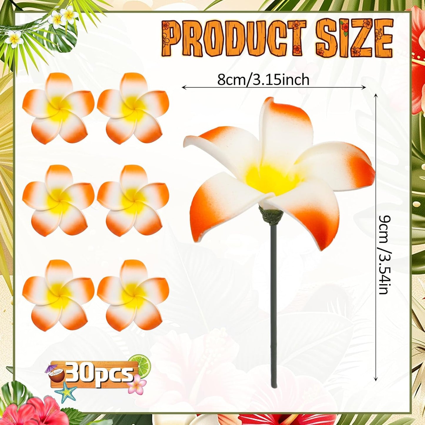 30 Pcs Hawaiian Plumeria Frangipani Artificial Flowers Fake Tropical Flowers with Stems for DIY Birthday Gifts Wedding Home Hawaiian Party Decor Table Centerpiece (Orange)