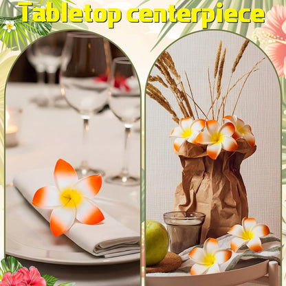 30 Pcs Hawaiian Plumeria Frangipani Artificial Flowers Fake Tropical Flowers with Stems for DIY Birthday Gifts Wedding Home Hawaiian Party Decor Table Centerpiece (Orange)