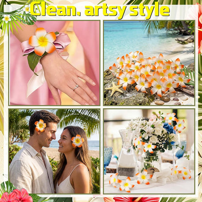 30 Pcs Hawaiian Plumeria Frangipani Artificial Flowers Fake Tropical Flowers with Stems for DIY Birthday Gifts Wedding Home Hawaiian Party Decor Table Centerpiece (Orange)