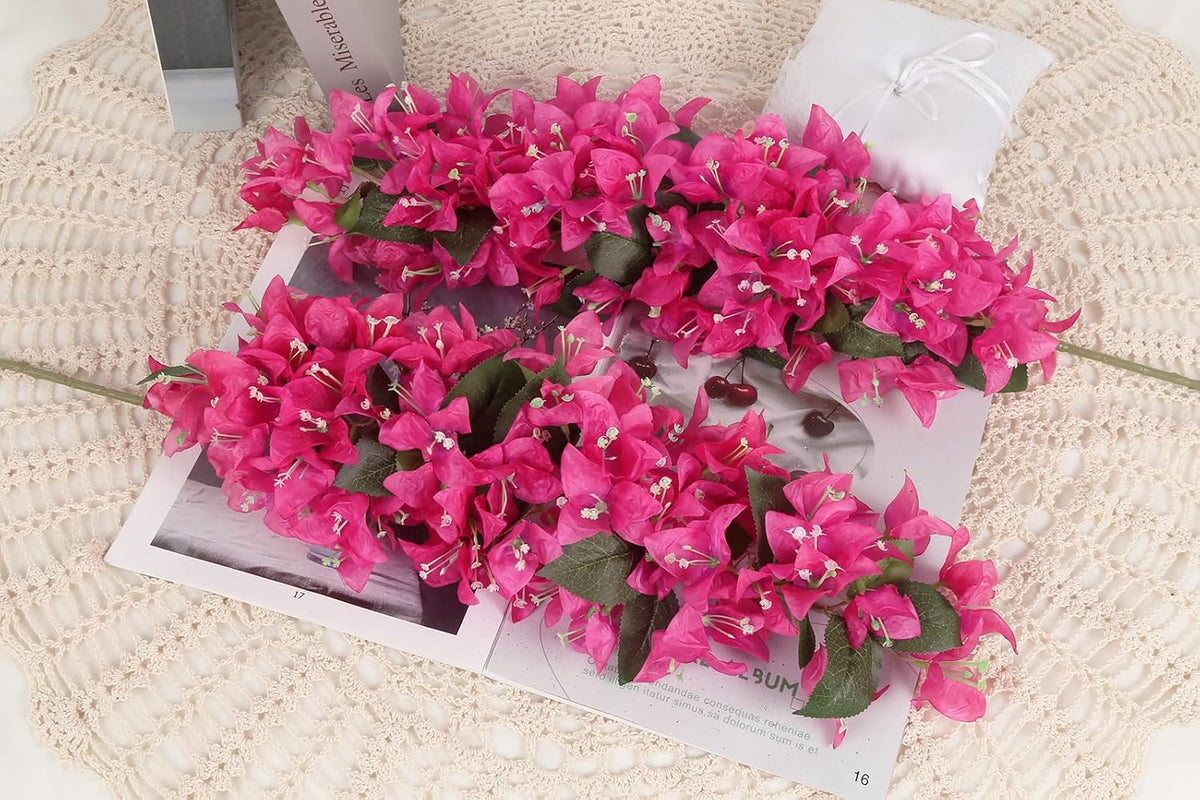 4PCS Bougainvillea Artificial Flowers 42" Long Stem Pink Faux Silk Bougainvillea Flowers Fake Hanging Flower Branches for Wedding Table Centerpieces Home Garden Arch Wall Decorations (Deep Pink)