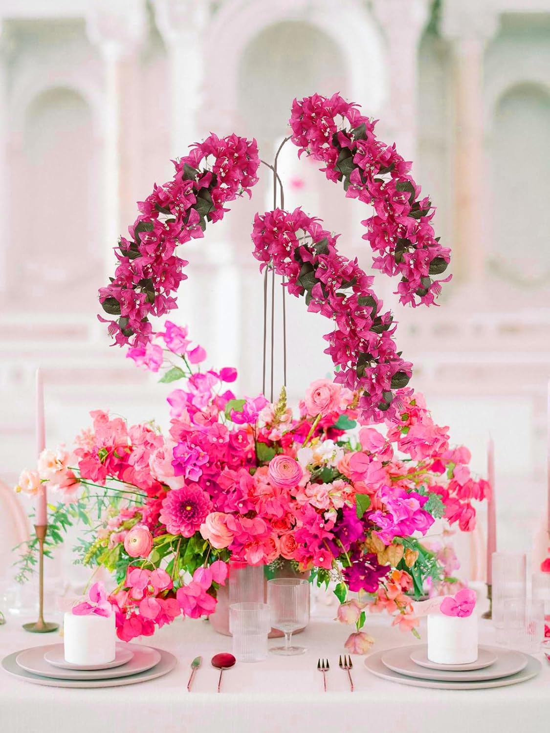 4PCS Bougainvillea Artificial Flowers 42" Long Stem Pink Faux Silk Bougainvillea Flowers Fake Hanging Flower Branches for Wedding Table Centerpieces Home Garden Arch Wall Decorations (Deep Pink)