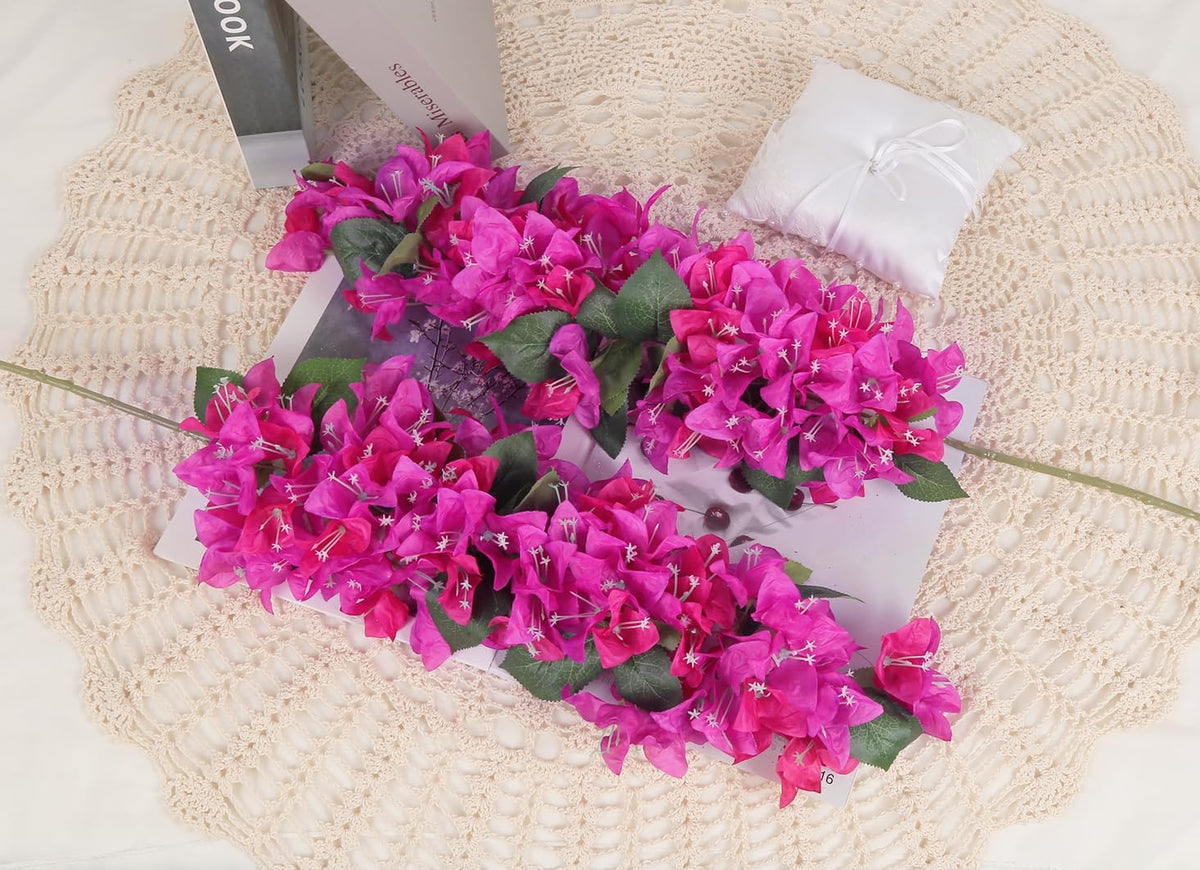 4PCS Bougainvillea Artificial Flowers 42" Long Stem Pink Faux Silk Bougainvillea Flowers Fake Hanging Flower Branches for Wedding Table Centerpieces Home Garden Arch Wall Decorations (Deep Pink)