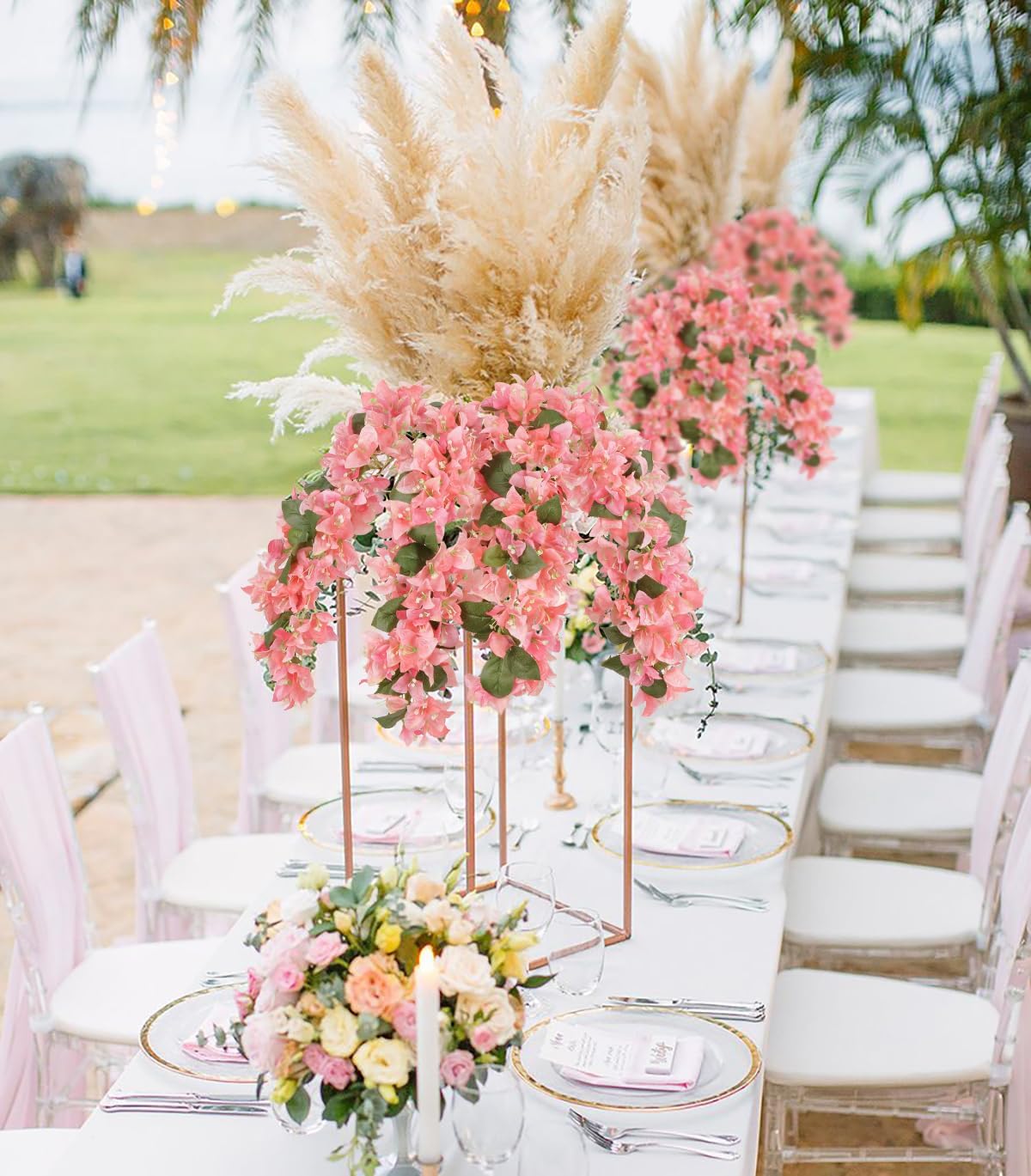 4PCS Bougainvillea Artificial Flowers 42" Long Stem Pink Faux Silk Bougainvillea Flowers Fake Hanging Flower Branches for Wedding Table Centerpieces Home Garden Arch Wall Decorations (Deep Pink)
