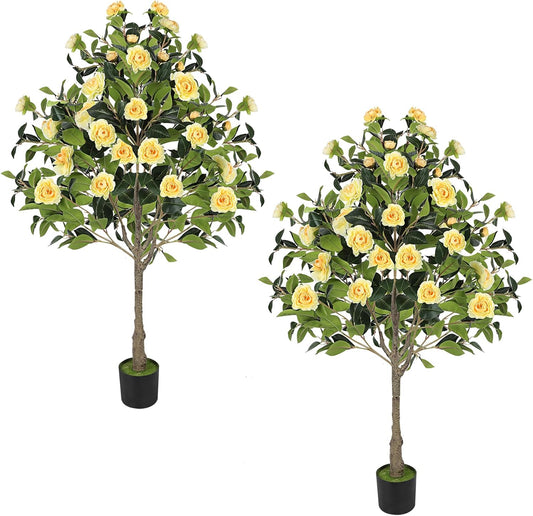 2 Pack Yellow 4FT Artificial Camellia Tree with Black Pot