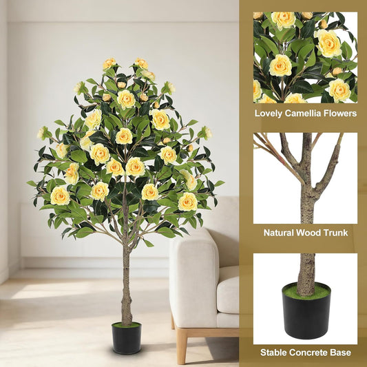 2 Pack Yellow 4FT Artificial Camellia Tree with Black Pot