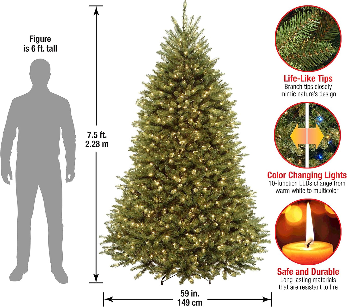 7.5ft Pre-Lit Dunhill Fir Artificial Christmas Tree | 700 LED Lights, 10 Light Functions, 2,514 Tips, Foot Pedal, Includes Stand, Green