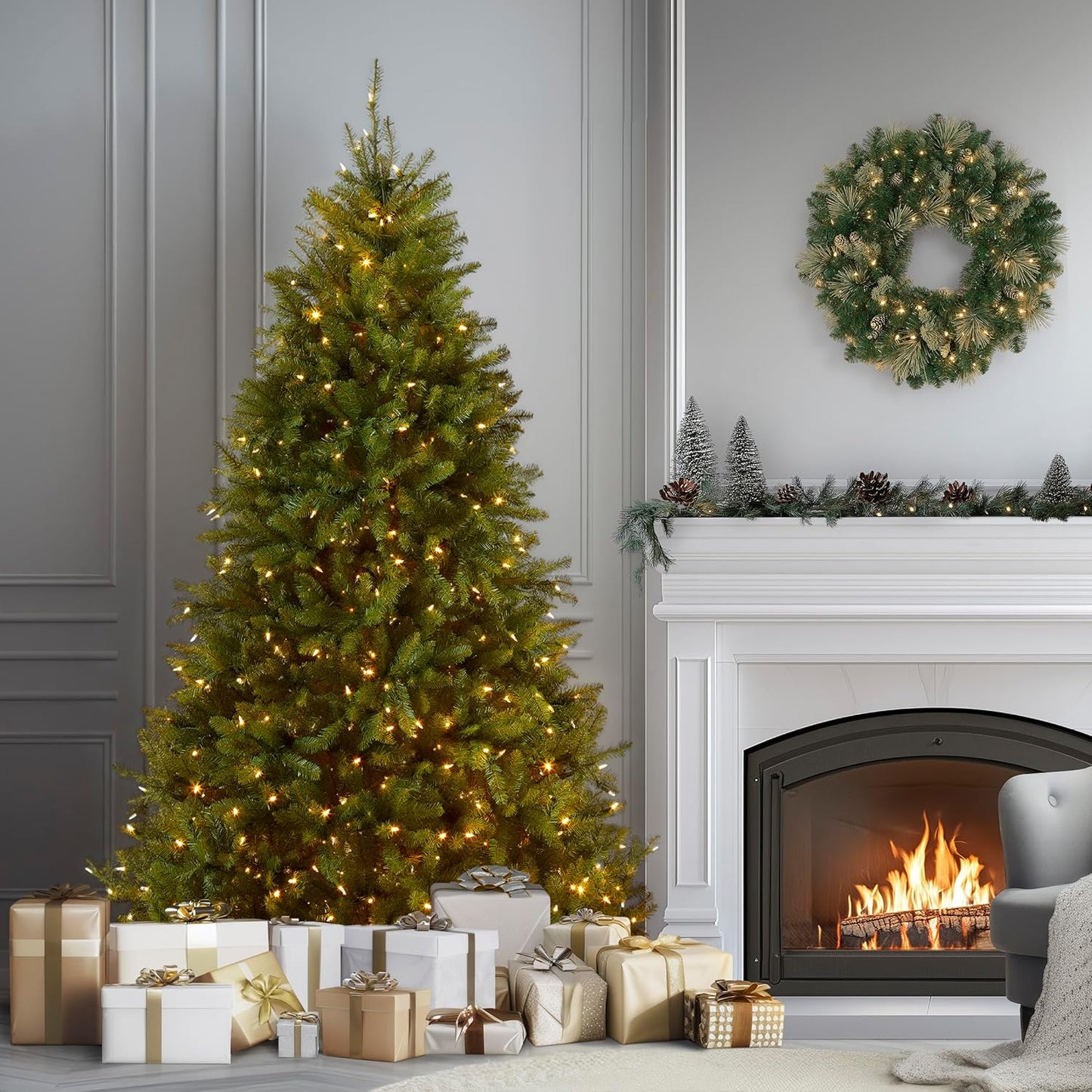 7.5ft Pre-Lit Dunhill Fir Artificial Christmas Tree | 700 LED Lights, 10 Light Functions, 2,514 Tips, Foot Pedal, Includes Stand, Green
