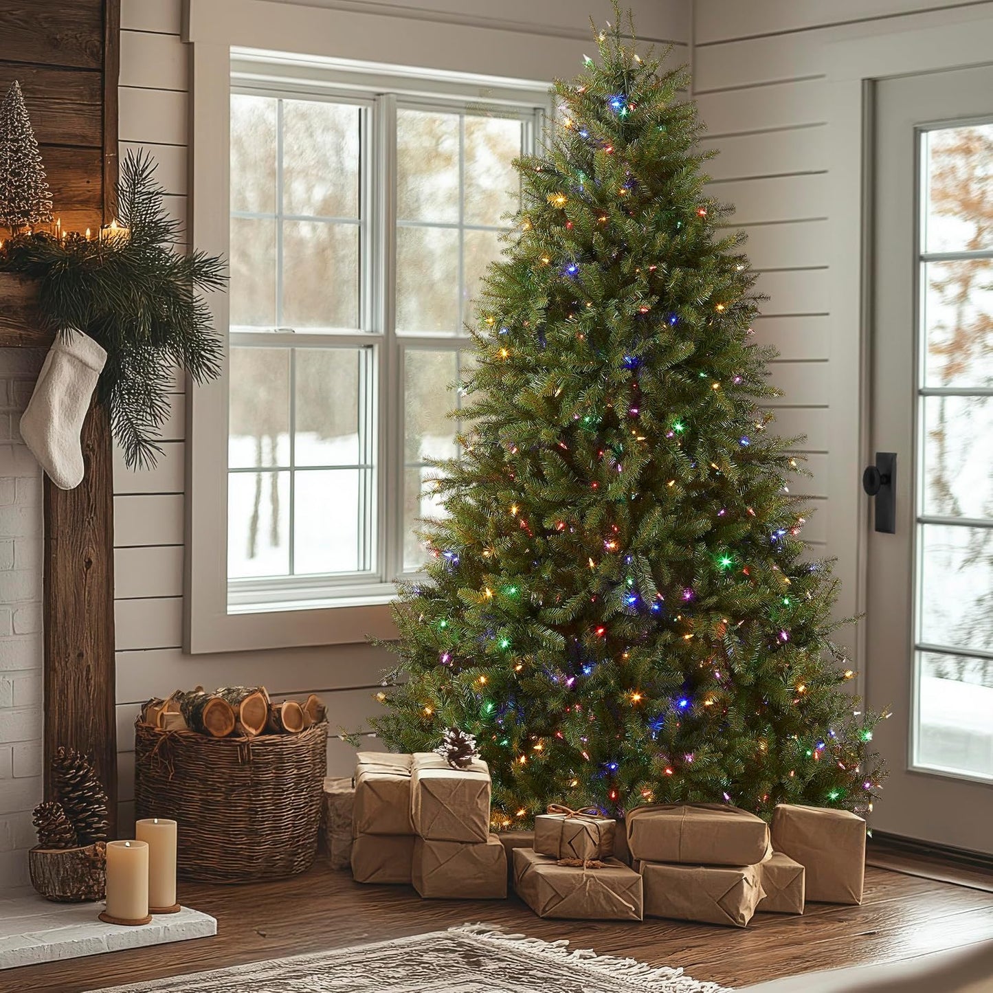 7.5ft Pre-Lit Dunhill Fir Artificial Christmas Tree | 700 LED Lights, 10 Light Functions, 2,514 Tips, Foot Pedal, Includes Stand, Green