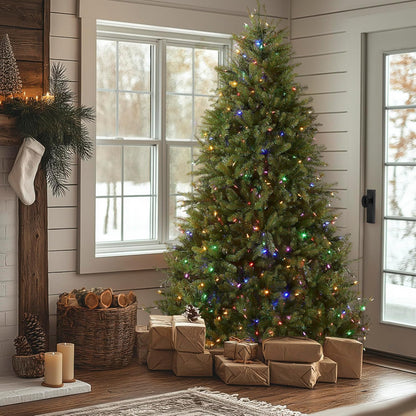 7.5ft Pre-Lit Dunhill Fir Artificial Christmas Tree | 700 LED Lights, 10 Light Functions, 2,514 Tips, Foot Pedal, Includes Stand, Green