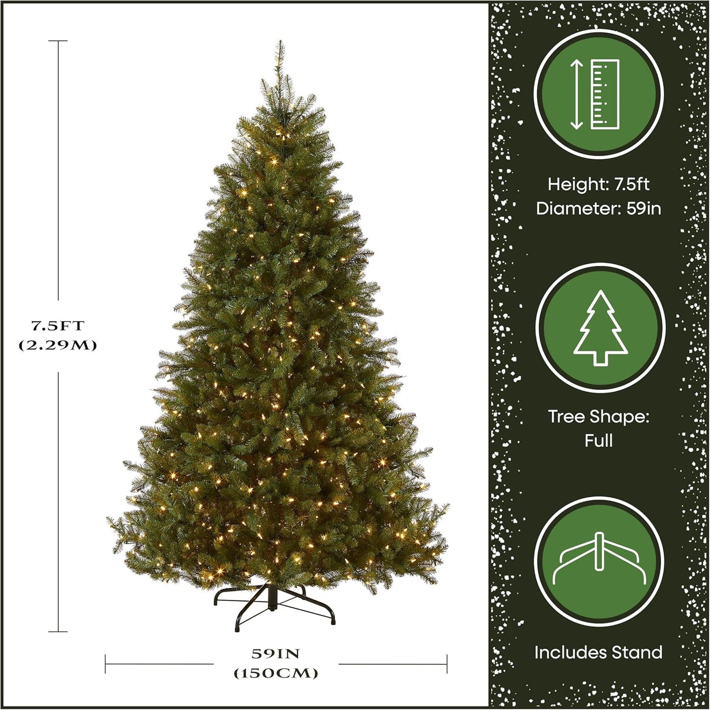 7.5ft Pre-Lit Dunhill Fir Artificial Christmas Tree | 700 LED Lights, 10 Light Functions, 2,514 Tips, Foot Pedal, Includes Stand, Green