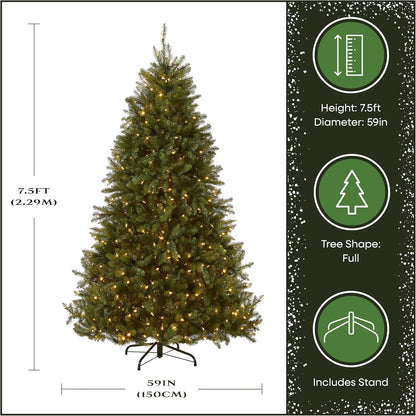 7.5ft Pre-Lit Dunhill Fir Artificial Christmas Tree | 700 LED Lights, 10 Light Functions, 2,514 Tips, Foot Pedal, Includes Stand, Green