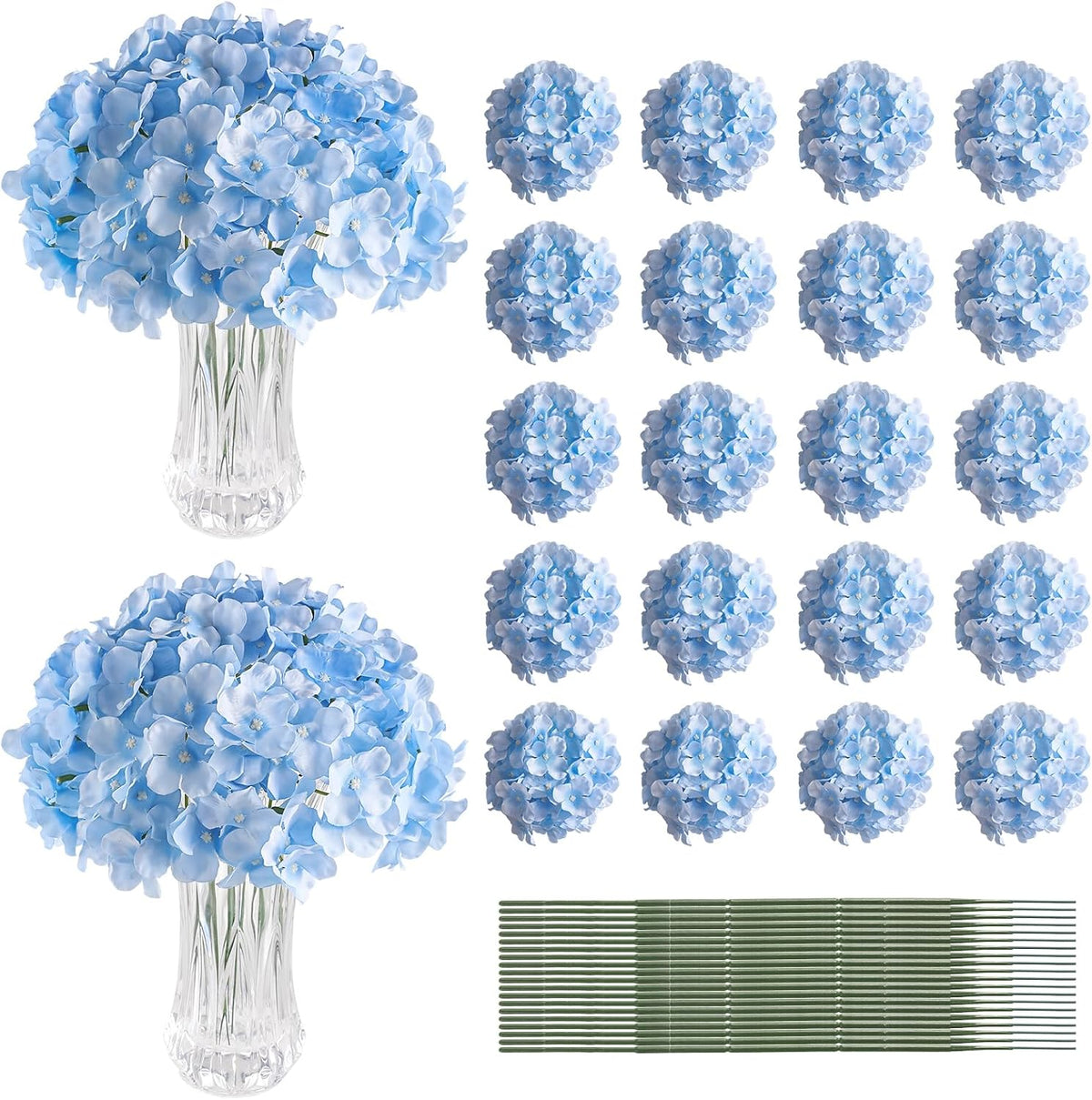 White Hydrangea Artificial Flowers Bulk, 20Pcs Silk Flower Heads with Stems