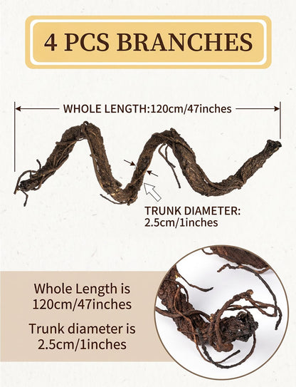 4PCS Bendable Artificial Brown Tree Twigs Branches, Fake Trunk Garland Twigs Grape Vines, Realistic Wall Hanging Artificial Plants for Wedding, Home Living and Outdoor Garden Decoration