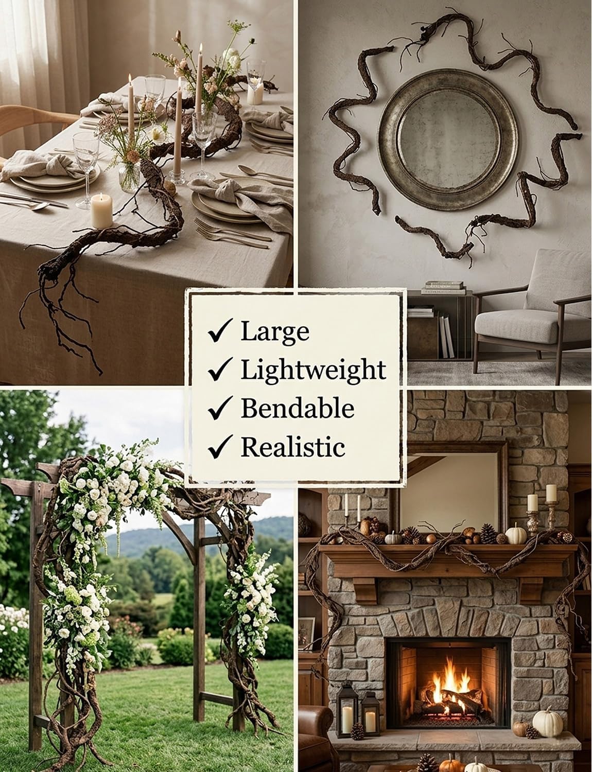4PCS Bendable Artificial Brown Tree Twigs Branches, Fake Trunk Garland Twigs Grape Vines, Realistic Wall Hanging Artificial Plants for Wedding, Home Living and Outdoor Garden Decoration