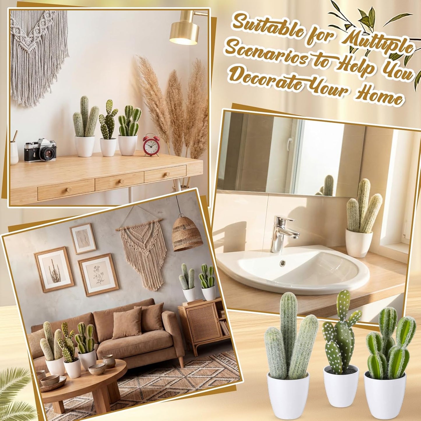 3 Pcs Artificial Cactus Plants 9-11'' Fake Cactus Potted Decor No Maintenance Faux Succulent Cacti Nordic Style Decor for Home Office Desk Shelf Living Room Indoor Housewarming Gifts