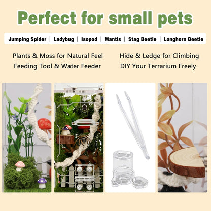 12Pcs Jumping Spider Enclosure Decor Kit - Natural Terrarium Accessories Set with Climbing Net, Moss, Mushroom Shelves, Water Feeder for Small Reptile Habitat Tarantula Gecko