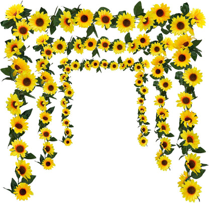 3 Pack Artificial Sunflower Garland, 7.5ft/Strand Silk Sunflowers Hanging Vines Flowers with Green Leaves for Room Kitchen Garden Birthday Wedding Baby Shower Party Table Decor Large