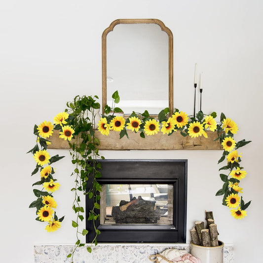 3 Pack Artificial Sunflower Garland, 7.5ft/Strand Silk Sunflowers Hanging Vines Flowers with Green Leaves for Room Kitchen Garden Birthday Wedding Baby Shower Party Table Decor Large