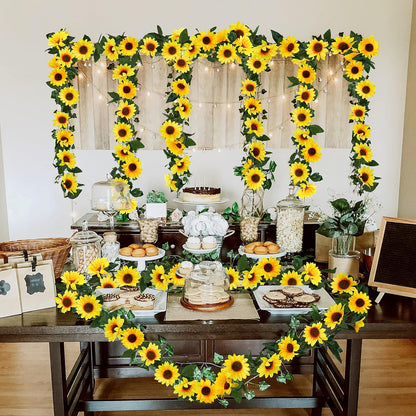 3 Pack Artificial Sunflower Garland, 7.5ft/Strand Silk Sunflowers Hanging Vines Flowers with Green Leaves for Room Kitchen Garden Birthday Wedding Baby Shower Party Table Decor Large