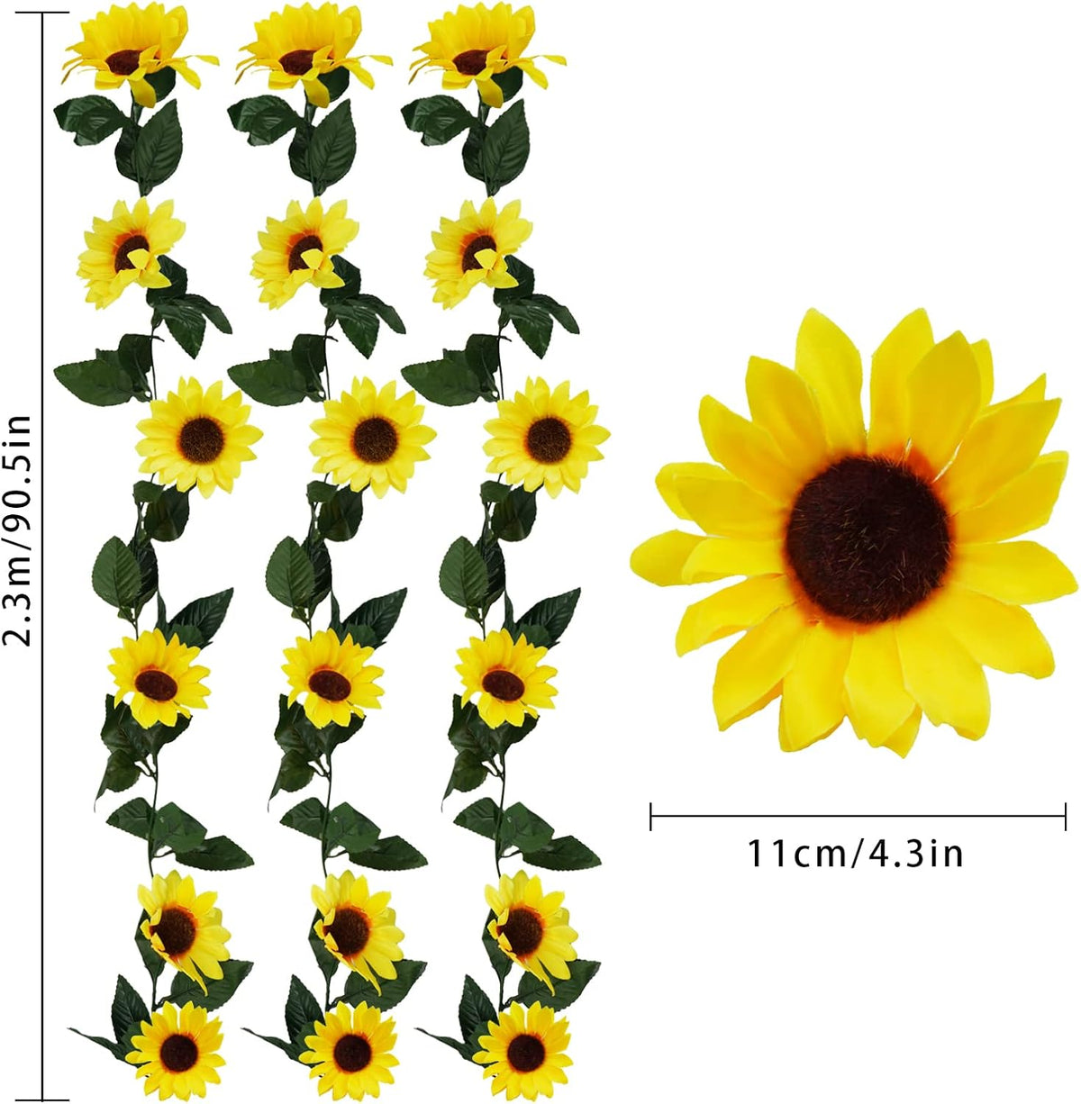 3 Pack Artificial Sunflower Garland, 7.5ft/Strand Silk Sunflowers Hanging Vines Flowers with Green Leaves for Room Kitchen Garden Birthday Wedding Baby Shower Party Table Decor Large