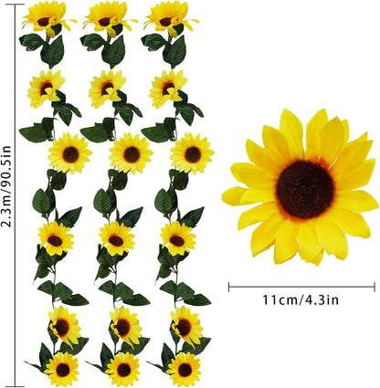 3 Pack Artificial Sunflower Garland, 7.5ft/Strand Silk Sunflowers Hanging Vines Flowers with Green Leaves for Room Kitchen Garden Birthday Wedding Baby Shower Party Table Decor Large