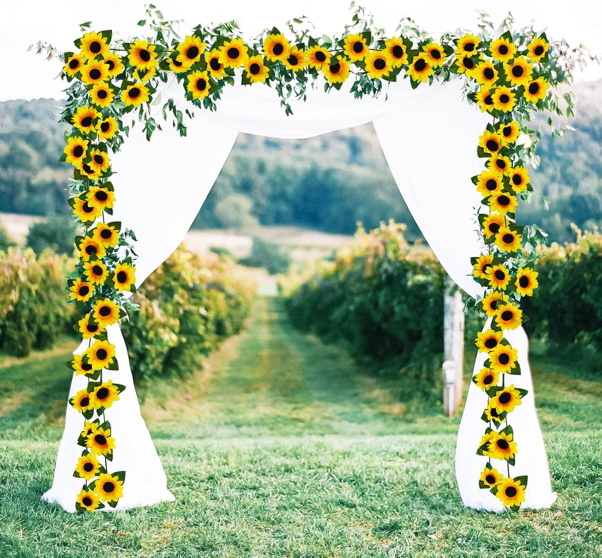 3 Pack Artificial Sunflower Garland, 7.5ft/Strand Silk Sunflowers Hanging Vines Flowers with Green Leaves for Room Kitchen Garden Birthday Wedding Baby Shower Party Table Decor Large